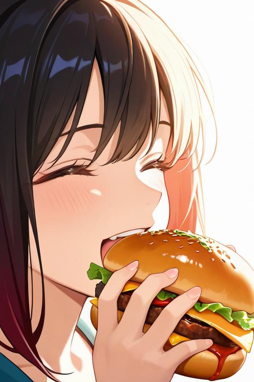 Anime girl eating a hamburger